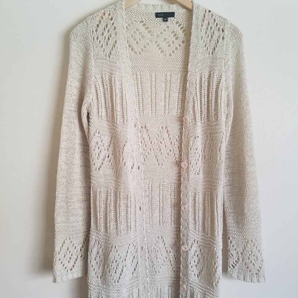 BCBG long knit sweater in oatmeal.